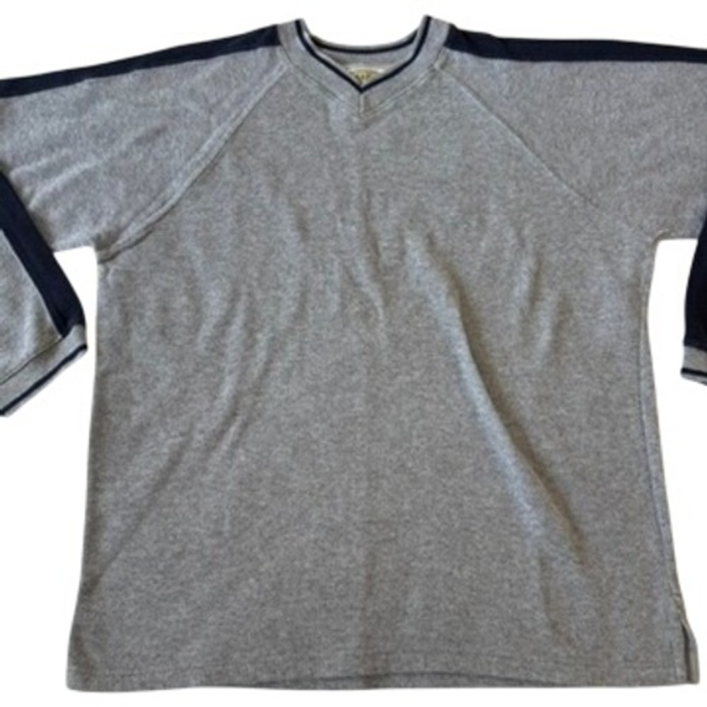 NAP Mens Gray V-Neck Raglan Long Sleeve Shirt Navy Blue Stripe Textured Knit